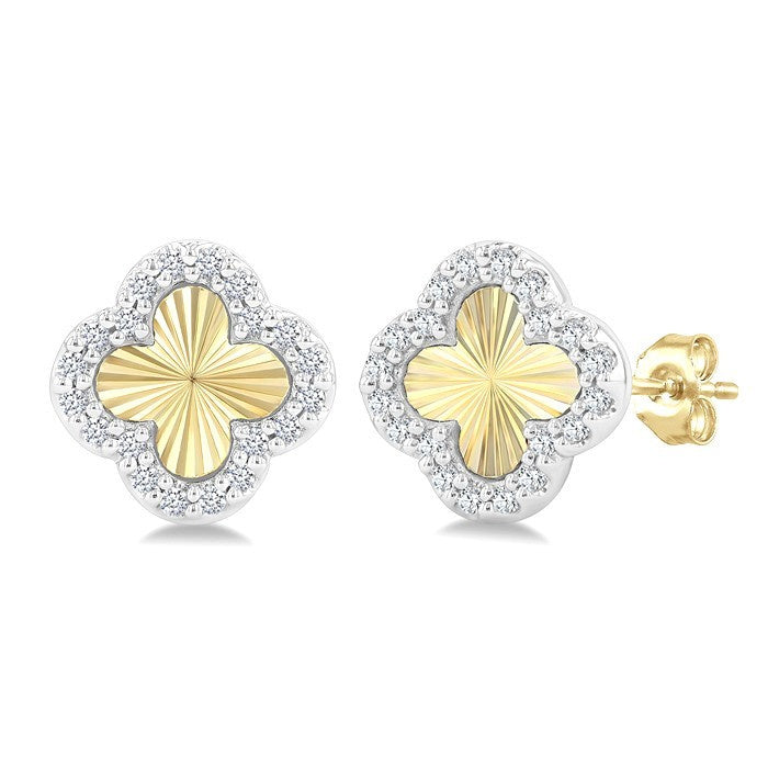1/8 Ctw Petite Fluted Clover Round Cut Diamond Pirouette Fashion Stud Earrings in 10K Yellow and White Gold