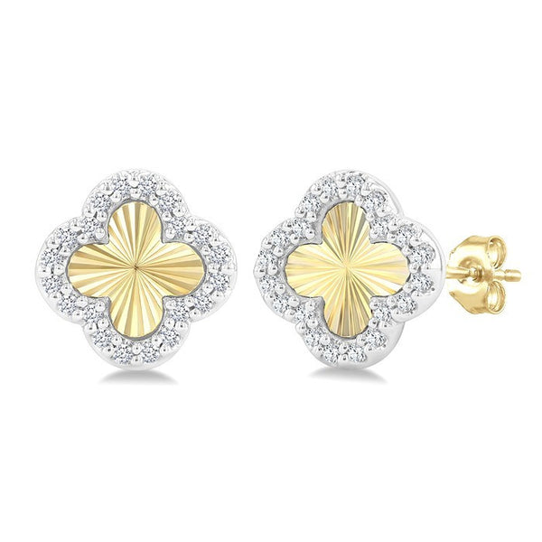 1/8 Ctw Petite Fluted Clover Round Cut Diamond Pirouette Fashion Stud Earrings in 10K Yellow and White Gold