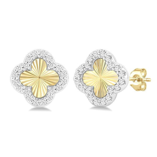 1/8 Ctw Petite Fluted Clover Round Cut Diamond Pirouette Fashion Stud Earrings in 10K Yellow and White Gold