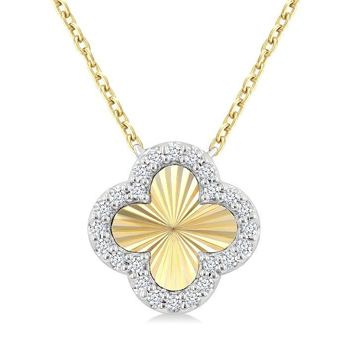 1/10 Ctw Fluted Clover Round Cut Diamond Pirouette Petite Pendant in 10K Yellow and White Gold with Chain