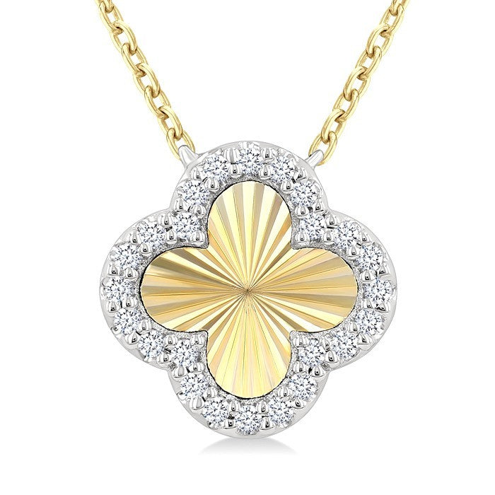 1/10 Ctw Fluted Clover Round Cut Diamond Pirouette Petite Pendant in 10K Yellow and White Gold with Chain