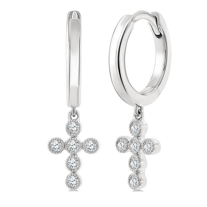 1/10 Ctw Round Cut Diamond Cross Petite Huggie Earrings in 10K White Gold