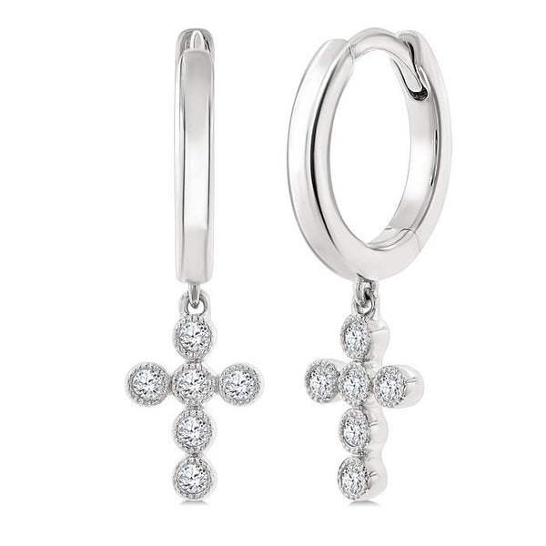 1/10 Ctw Round Cut Diamond Cross Petite Huggie Earrings in 10K White Gold