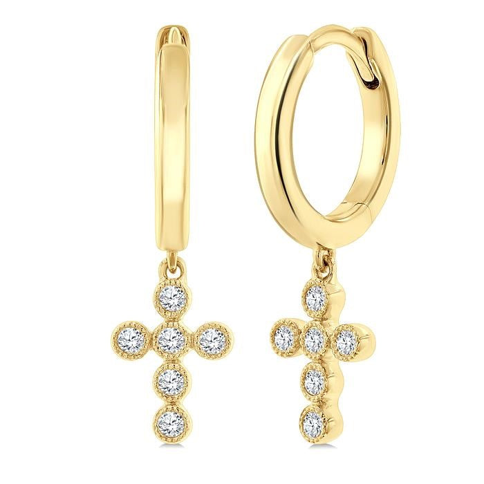 1/10 Ctw Round Cut Diamond Cross Petite Huggie Earrings in 10K Yellow Gold