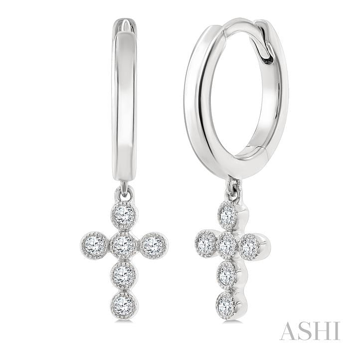 1/10 Ctw Round Cut Diamond Cross Petite Huggie Earrings in 10K White Gold