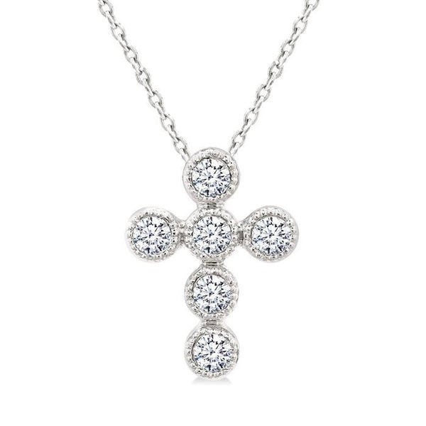 1/20 Ctw Round Cut Diamond Bezel Set Cross Petite Pendant With Chain in 10K White Gold