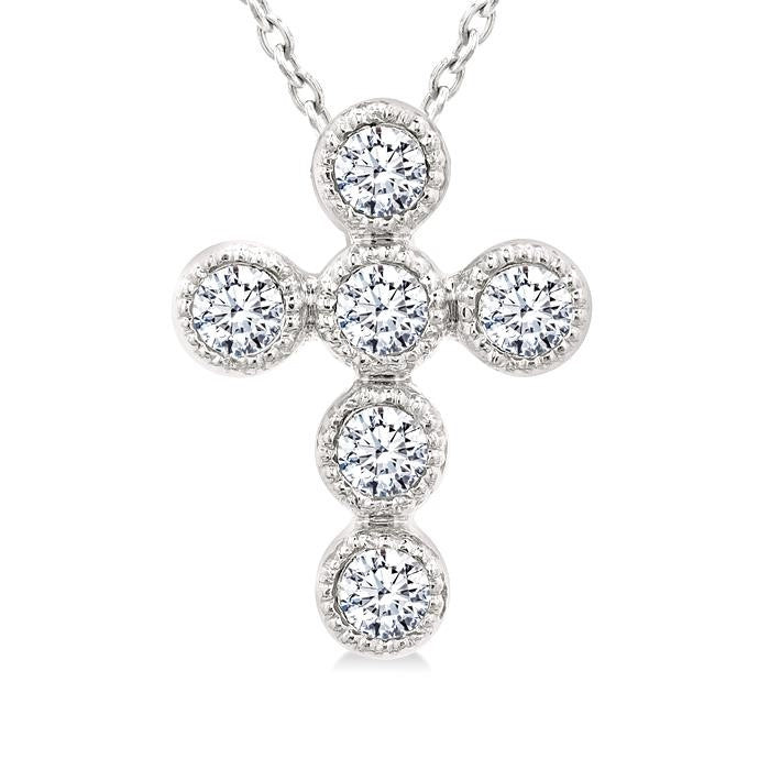 1/20 Ctw Round Cut Diamond Bezel Set Cross Petite Pendant With Chain in 10K White Gold