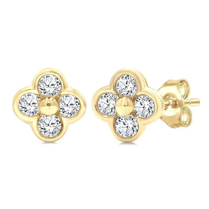 1/6 Ctw Bezel Set Round Cut Diamond Clover Petite Fashion Earrings in 10K Yellow Gold