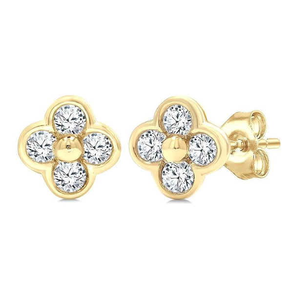 1/6 Ctw Bezel Set Round Cut Diamond Clover Petite Fashion Earrings in 10K Yellow Gold