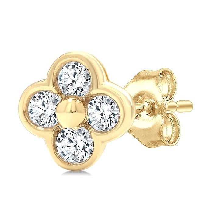 1/6 Ctw Bezel Set Round Cut Diamond Clover Petite Fashion Earrings in 10K Yellow Gold