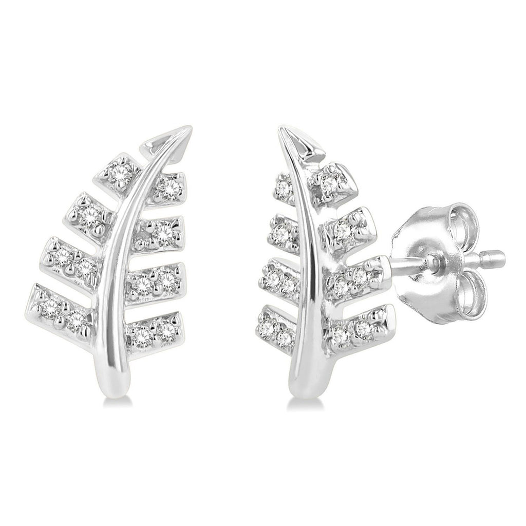 1/10 Ctw Fern Leaf Petite Round Cut Diamond Fashion Stud Earrings in 10K White Gold