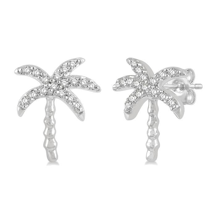 1/10 Ctw Palm Tree Round Cut Diamond Petite Fashion Earrings in 10K White Gold