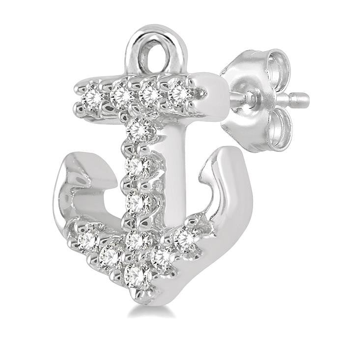 1/10 Ctw Anchor Round Cut Diamond Petite Fashion Earrings in 14K White Gold