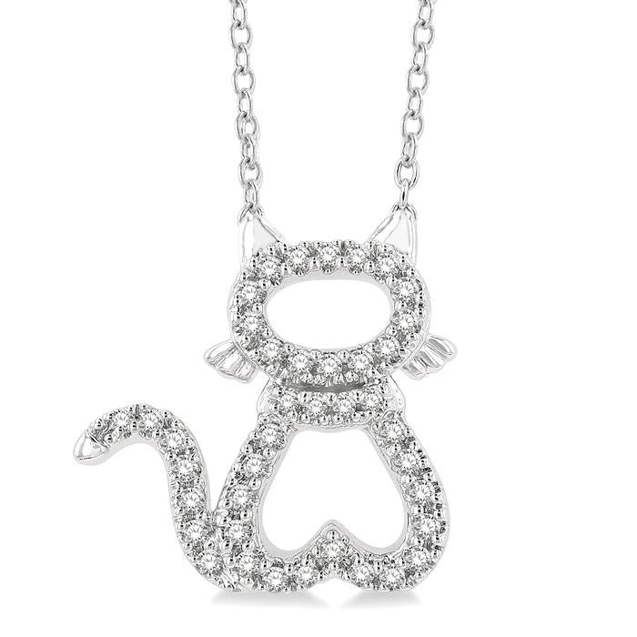 1/6 Ctw Cat Shape Petite Round Cut Diamond Fashion Pendant With Chain in 10K White Gold