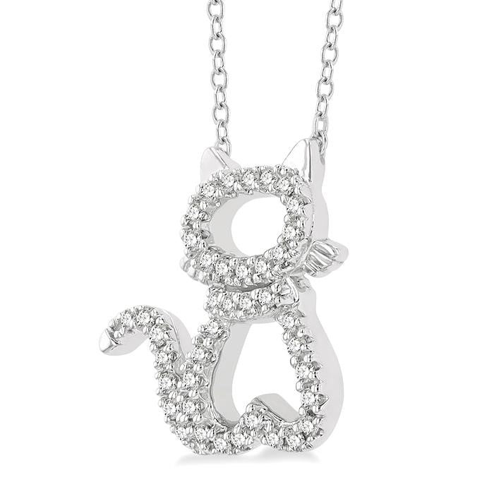 1/6 Ctw Cat Shape Petite Round Cut Diamond Fashion Pendant With Chain in 10K White Gold