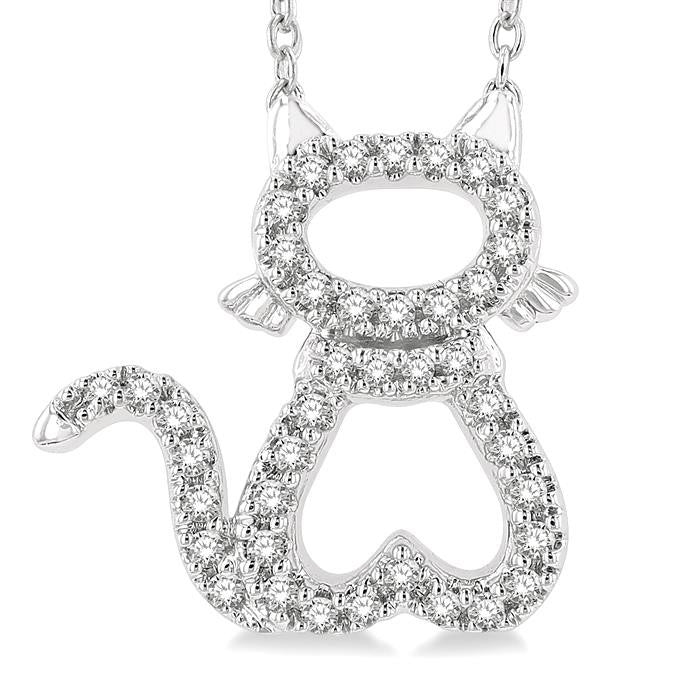 1/6 Ctw Cat Shape Petite Round Cut Diamond Fashion Pendant With Chain in 10K White Gold