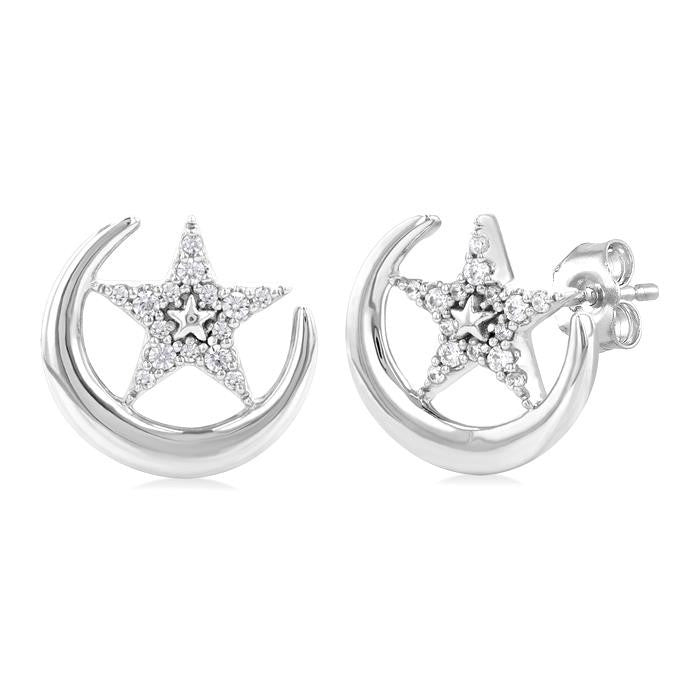 1/10 Ctw Petite Crescent Moon and Star Round Cut Diamond Fashion Stud Earrings in 10K White Gold