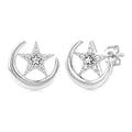 1/10 Ctw Petite Crescent Moon and Star Round Cut Diamond Fashion Stud Earrings in 10K White Gold