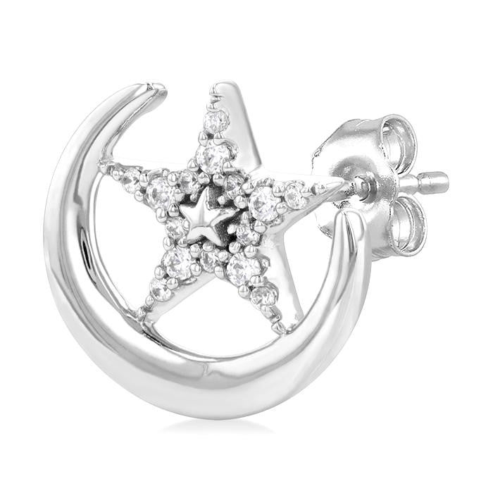 1/10 Ctw Petite Crescent Moon and Star Round Cut Diamond Fashion Stud Earrings in 10K White Gold