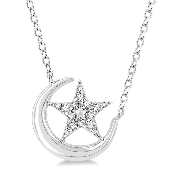1/10 Ctw Crescent Moon and Star Round Cut Petite Diamond Fashion Pendant With Chain in 10K White Gold