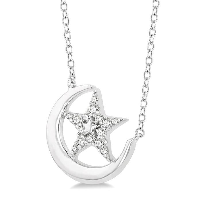 1/10 Ctw Crescent Moon and Star Round Cut Petite Diamond Fashion Pendant With Chain in 10K White Gold