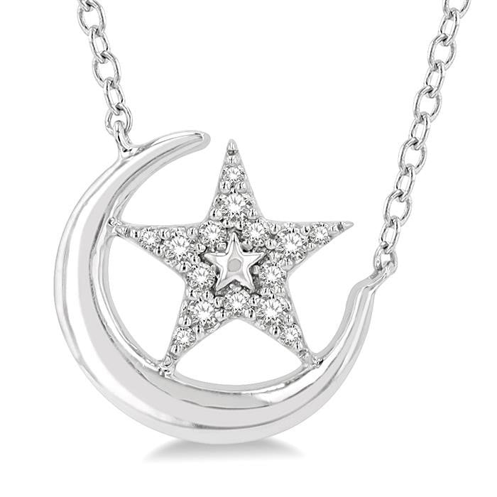 1/10 Ctw Crescent Moon and Star Round Cut Petite Diamond Fashion Pendant With Chain in 10K White Gold