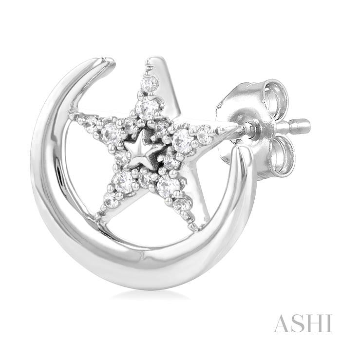 1/10 Ctw Petite Crescent Moon and Star Round Cut Diamond Fashion Stud Earrings in 10K White Gold
