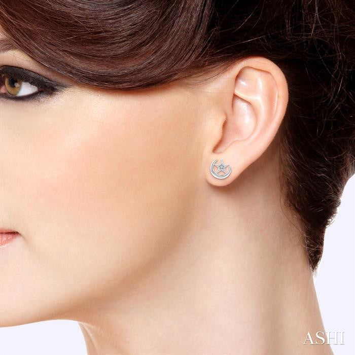 1/10 Ctw Petite Crescent Moon and Star Round Cut Diamond Fashion Stud Earrings in 10K White Gold