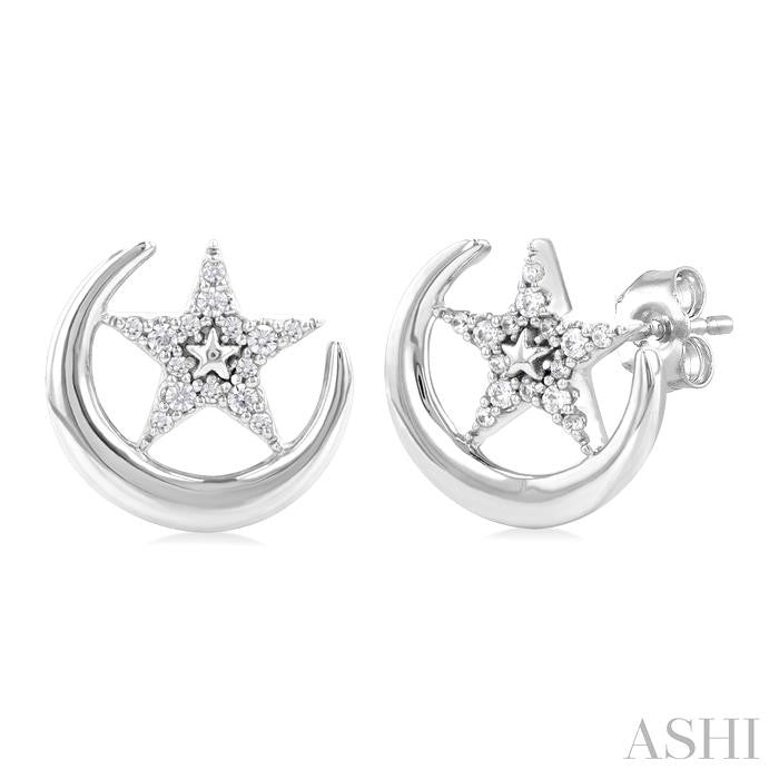 1/10 Ctw Petite Crescent Moon and Star Round Cut Diamond Fashion Stud Earrings in 10K White Gold