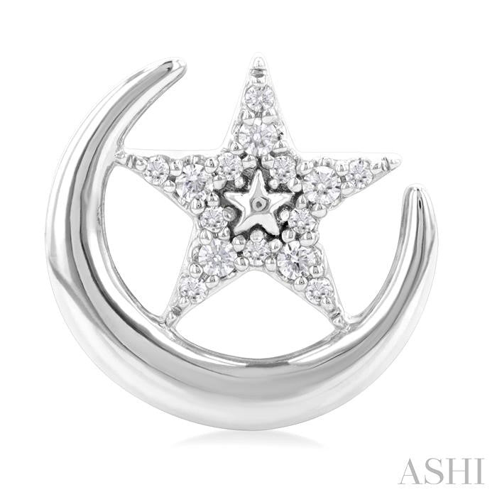 1/10 Ctw Petite Crescent Moon and Star Round Cut Diamond Fashion Stud Earrings in 10K White Gold