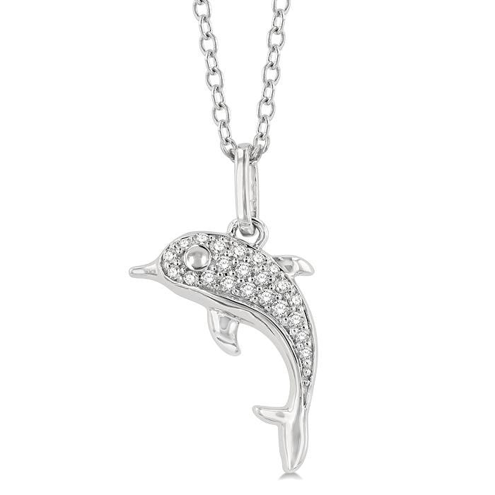 1/10 Ctw Petite Nautical Dolphin Round Cut Diamond Fashion Pendant With Chain in 10K White Gold