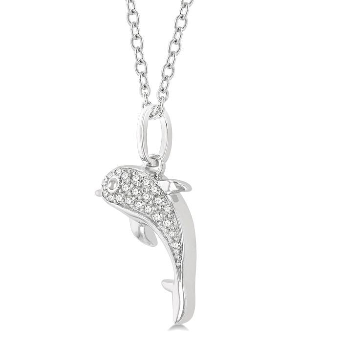 1/10 Ctw Petite Nautical Dolphin Round Cut Diamond Fashion Pendant With Chain in 10K White Gold