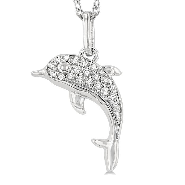 1/10 Ctw Petite Nautical Dolphin Round Cut Diamond Fashion Pendant With Chain in 10K White Gold