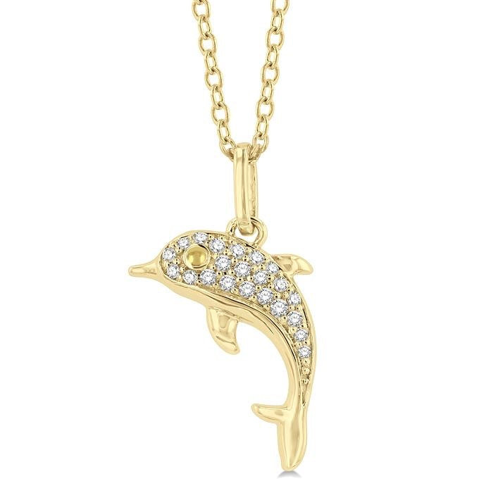 1/10 Ctw Petite Nautical Dolphin Round Cut Diamond Fashion Pendant With Chain in 10K Yellow Gold