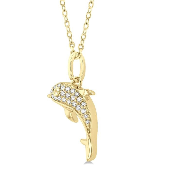 1/10 Ctw Petite Nautical Dolphin Round Cut Diamond Fashion Pendant With Chain in 10K Yellow Gold