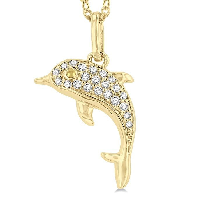 1/10 Ctw Petite Nautical Dolphin Round Cut Diamond Fashion Pendant With Chain in 10K Yellow Gold