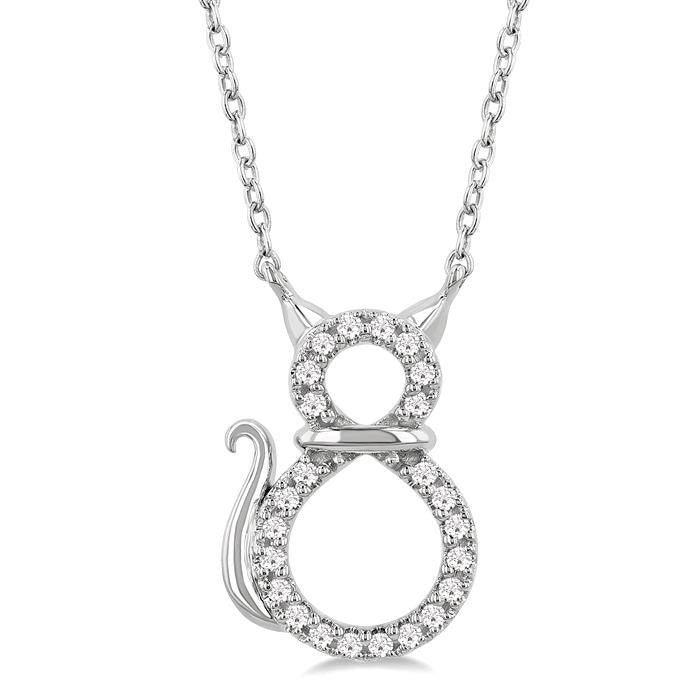 1/10 Ctw Cat Shape Petite Round Cut Diamond Fashion Pendant With Chain in 10K White Gold