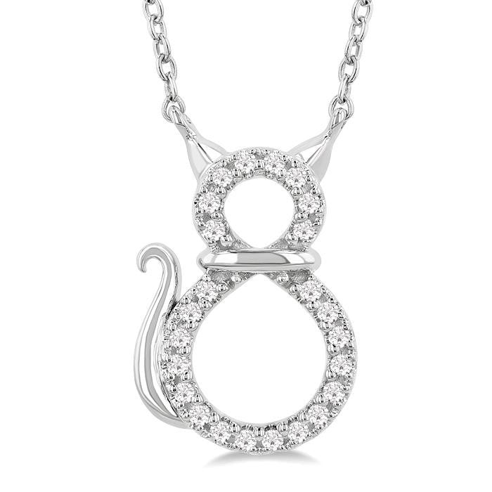 1/10 Ctw Cat Shape Petite Round Cut Diamond Fashion Pendant With Chain in 10K White Gold