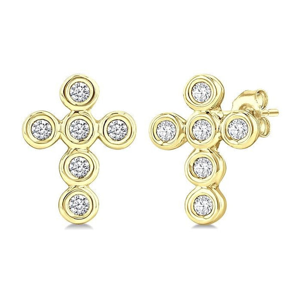 1/10 Ctw Round Cut Diamond Bezel Set Cross Petite Earrings in 10K Yellow Gold