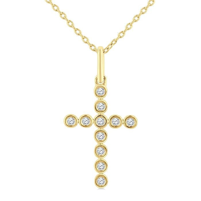 1/10 Ctw Round Cut Diamond Bezel Set Cross Petite Pendant With Chain in 10K Yellow Gold