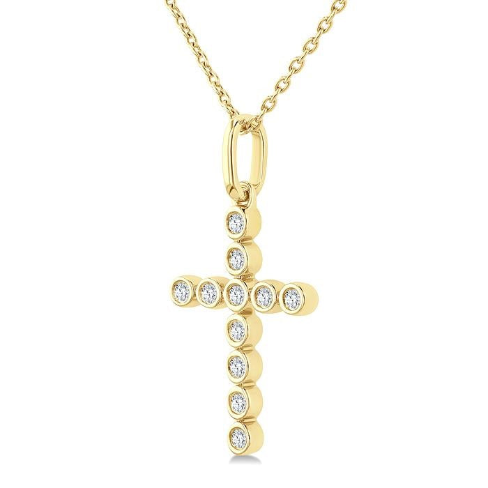 1/10 Ctw Round Cut Diamond Bezel Set Cross Petite Pendant With Chain in 10K Yellow Gold