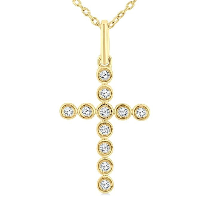 1/10 Ctw Round Cut Diamond Bezel Set Cross Petite Pendant With Chain in 10K Yellow Gold