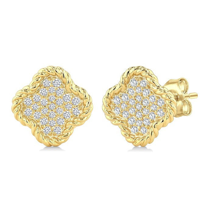 1/5 Ctw Round Cut Diamond Rope Border Clover Motif Fashion Stud Earrings in 10K Yellow Gold