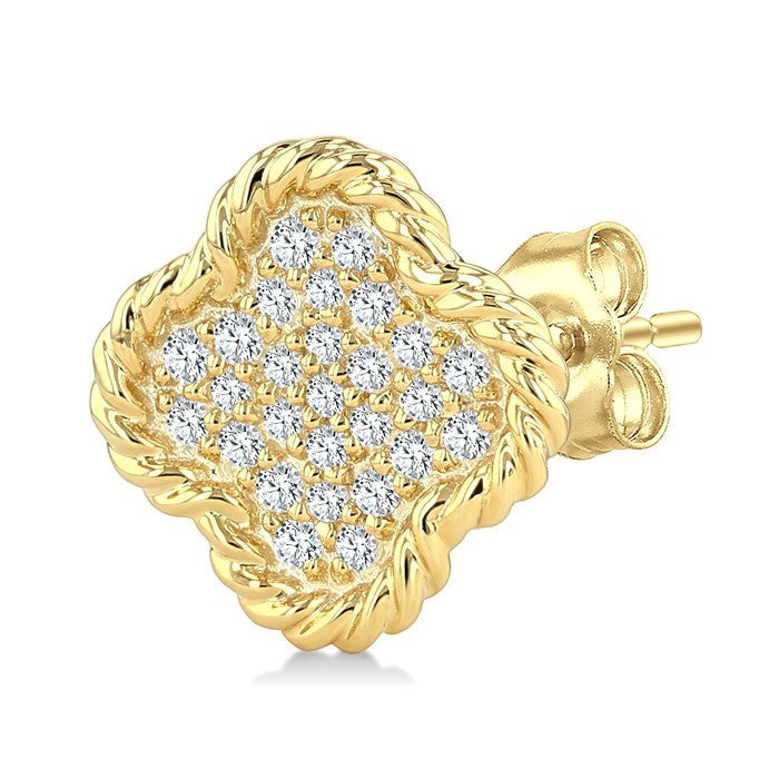 1/5 Ctw Round Cut Diamond Rope Border Clover Motif Fashion Stud Earrings in 10K Yellow Gold