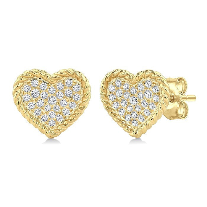 1/5 Ctw Round Cut Diamond Rope Border Heart Motif Fashion Stud Earrings in 10K Yellow Gold
