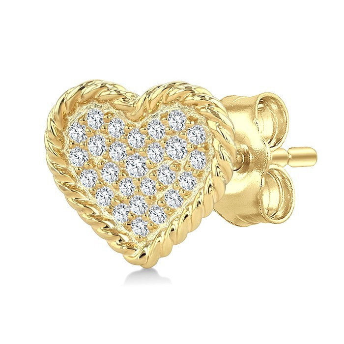 1/5 Ctw Round Cut Diamond Rope Border Heart Motif Fashion Stud Earrings in 10K Yellow Gold