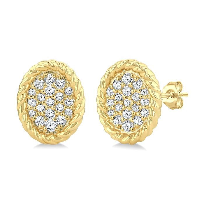 1/5 Ctw Oval Shape Rope Border Round Cut Diamond Fashion Stud Earrings in 10K Yellow Gold