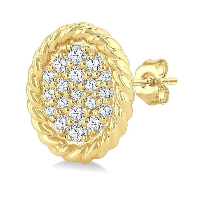 1/5 Ctw Oval Shape Rope Border Round Cut Diamond Fashion Stud Earrings in 10K Yellow Gold