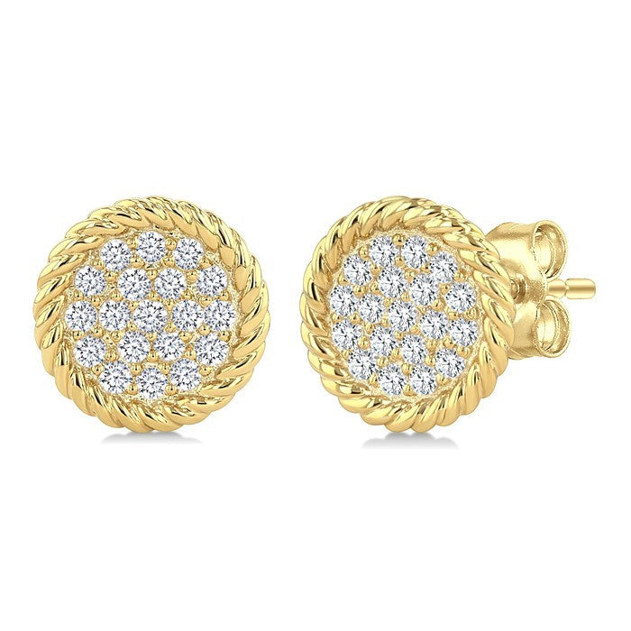 1/5 Ctw Round Cut Diamond Rope Border Circle Motif Fashion Stud Earrings in 10K Yellow Gold