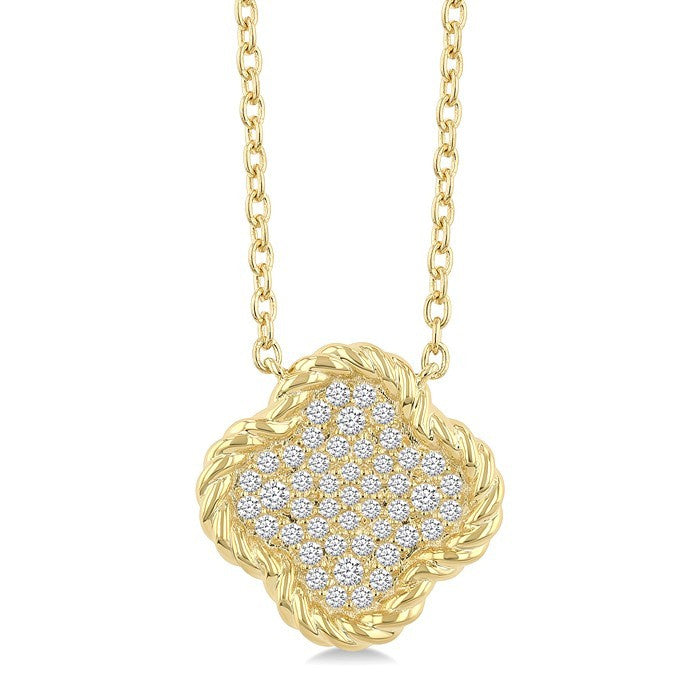 1/5 Ctw Round Cut Diamond Rope Border Clover Motif Fashion Pendant With Chain in 10K Yellow Gold